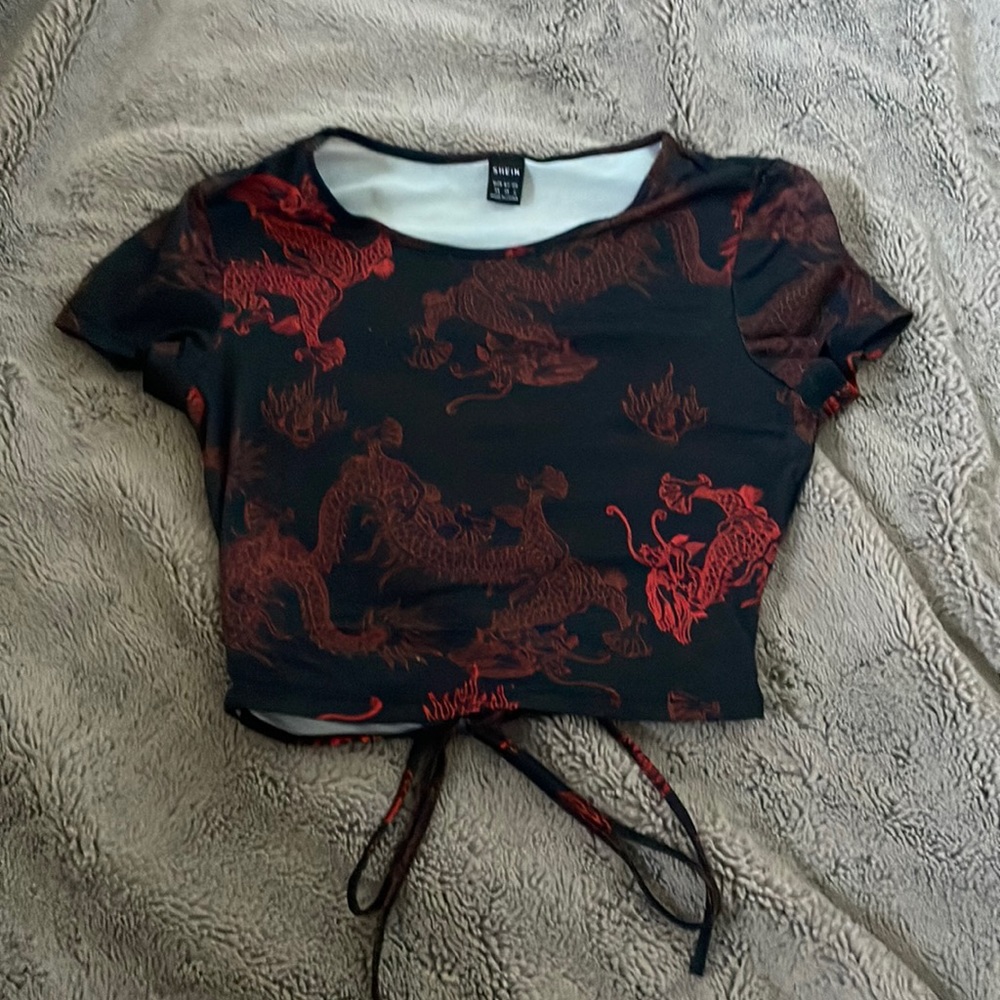 Shein crop top with dragons on it. Color red and black. Size XS.